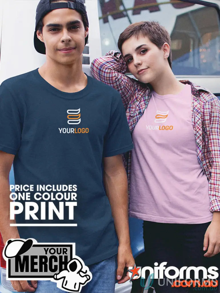 Two people wearing custom-printed work uniforms for the MOQ50 Printed ADULT Tee