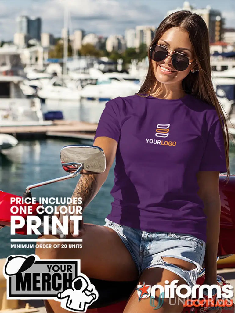 Purple T-shirt with custom logo perfect for work uniforms or casual uniforms
