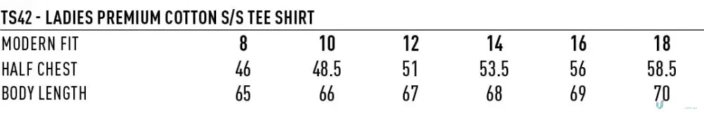 Ladies premium cotton tee shirt size chart for workwear, uniforms, and work uniforms