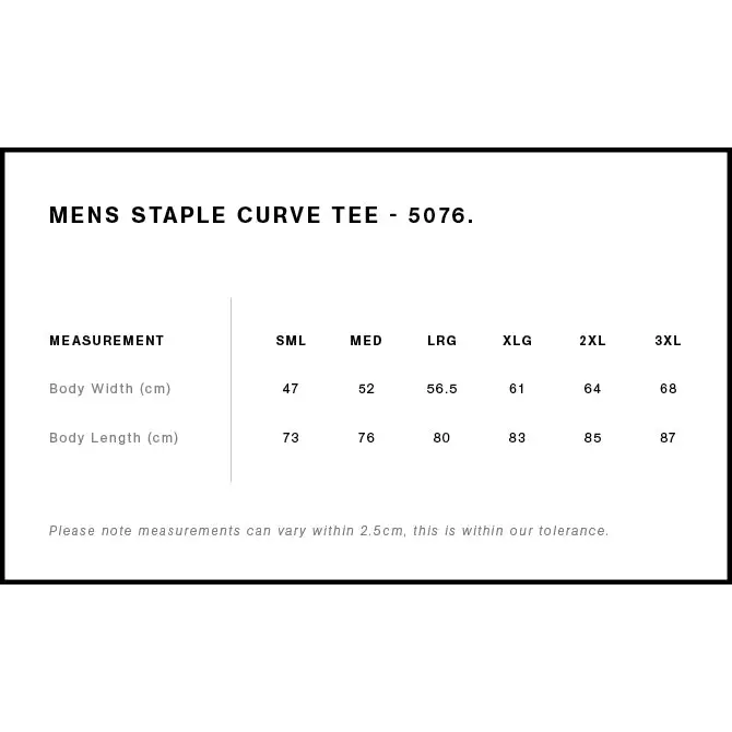 Mens Mountain Curve Tee 5076 black and white with size chart