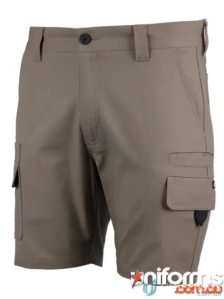 Khaki cargo shorts with YKK zipper, cargo pockets, and webbing puller for casual style