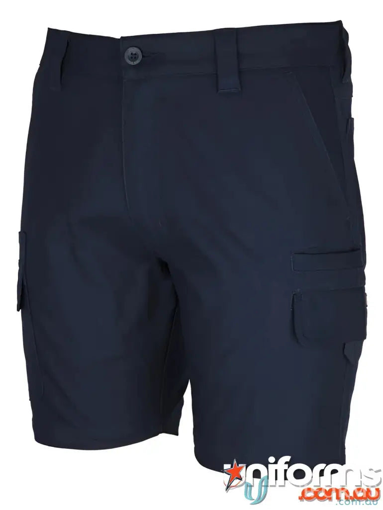 Navy blue cargo shorts with cargo pockets, YKK zipper, and webbing puller