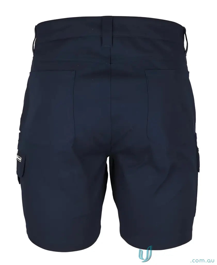 Navy blue cargo shorts with cargo pockets and YKK zipper featuring webbing puller
