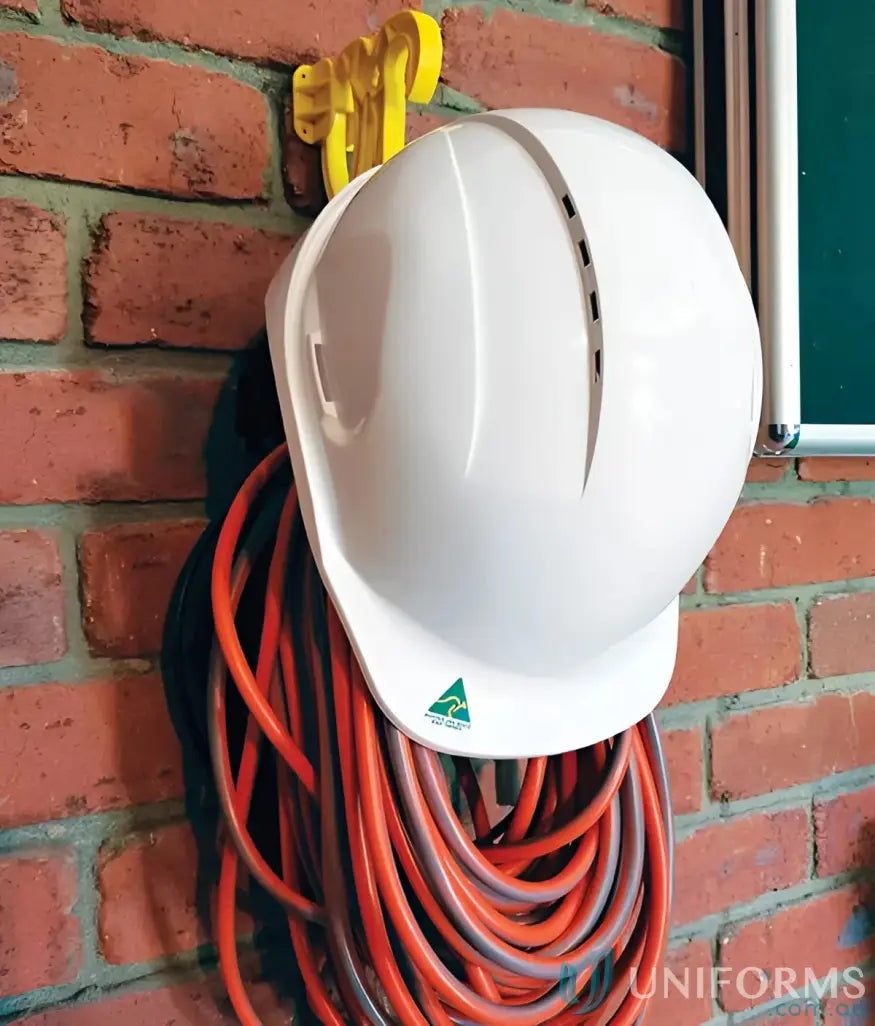 White hard hat with ventilation slots for electrical leads and work uniforms Featuring suspension hook