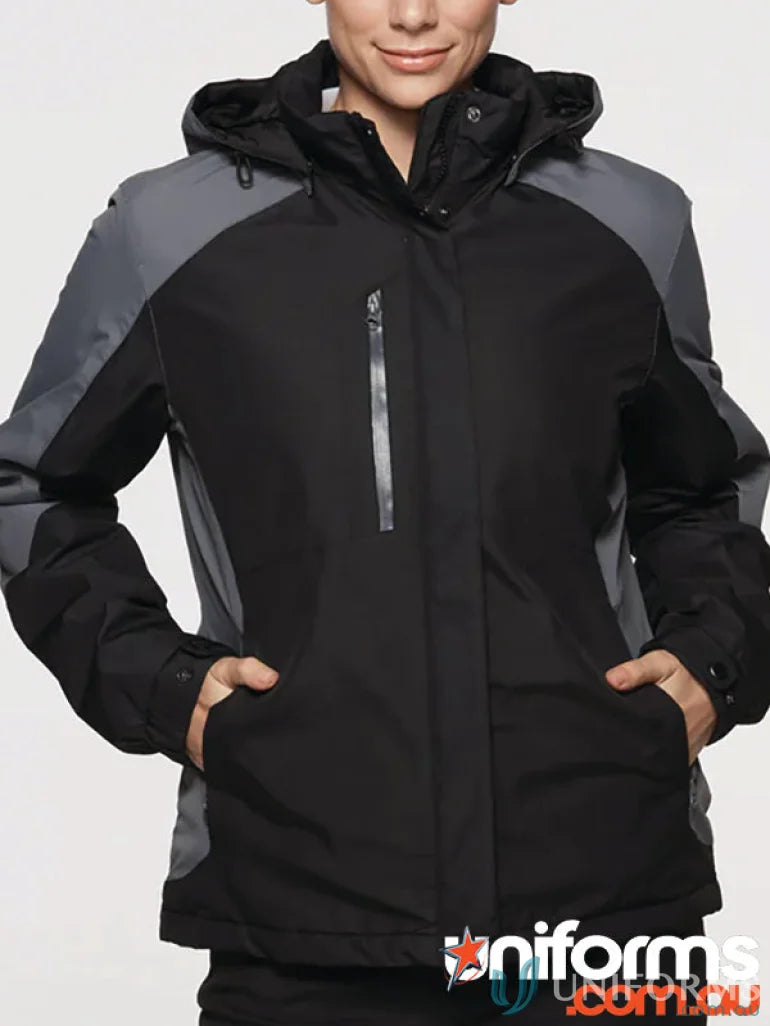 Napier Lady Jacket shows a black and gray padded lining coat with hood for everyone