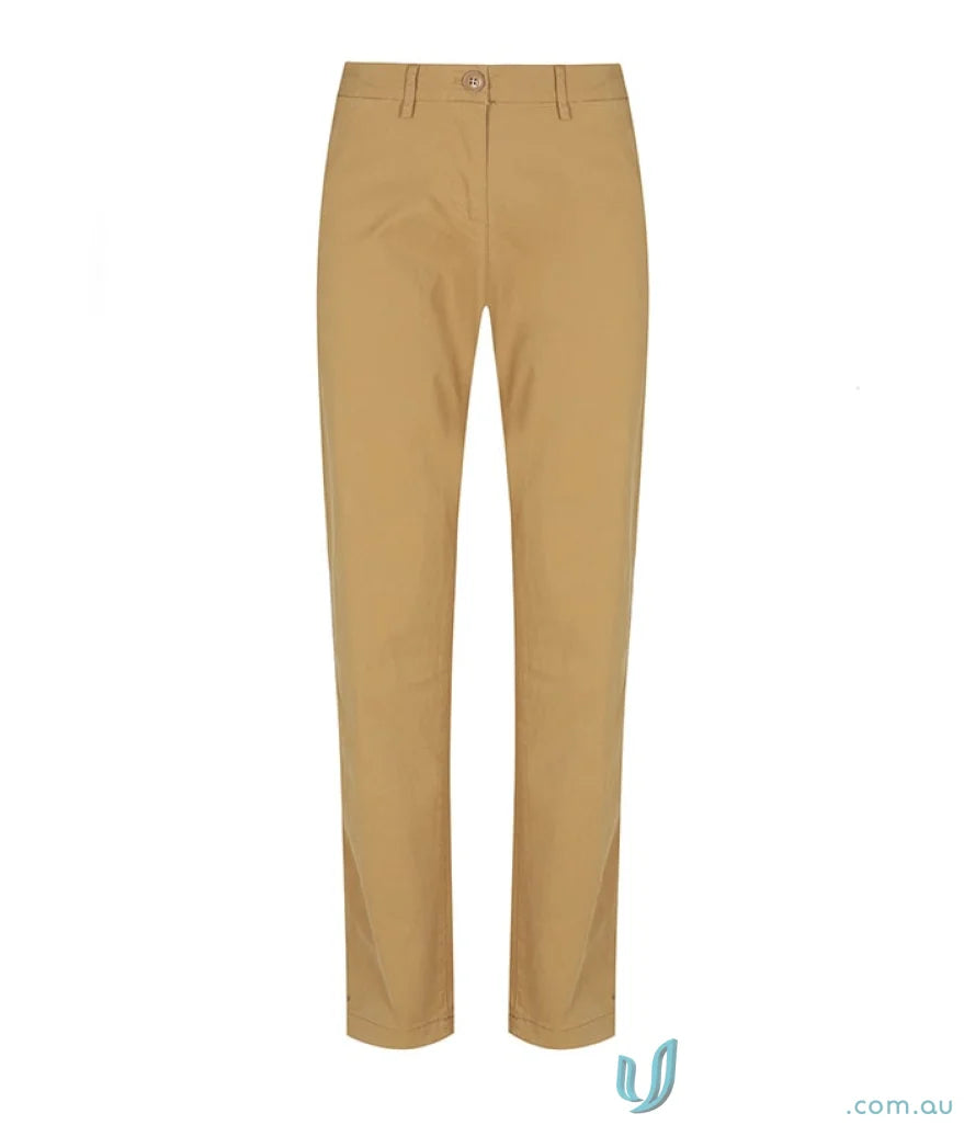 Tan-colored men’s chino pant with coin fob pocket and chain belt loop for casual flair