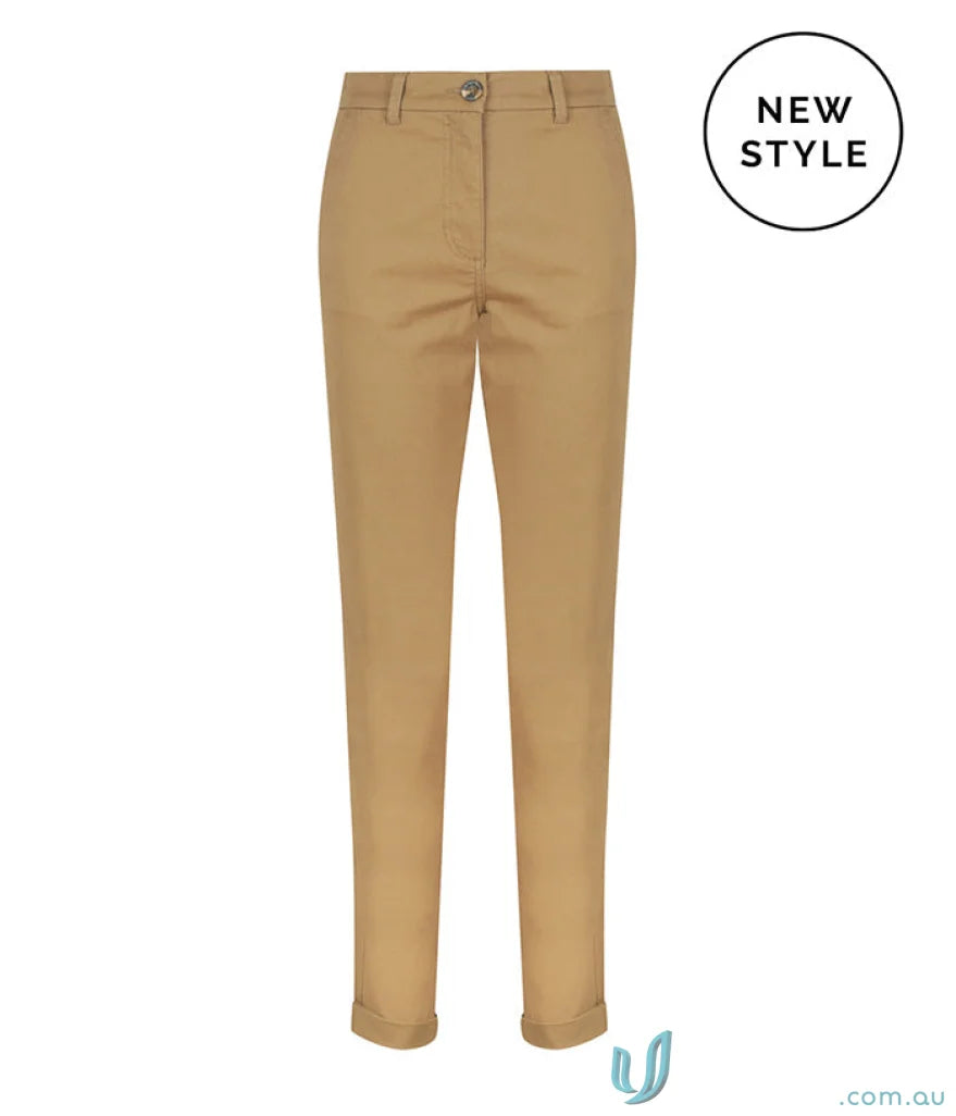 Tan-colored women’s modern chino pant with tapered leg for a sleek look