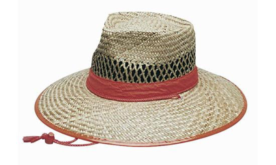 Natural straw hat with orange trim, red band, mesh crown for uniforms