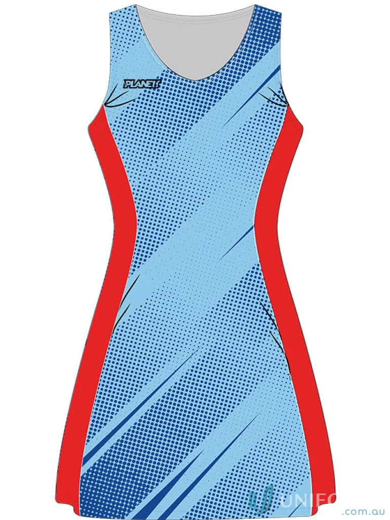 Sleeveless blue and red netball dress made with sublimated sports fabric from NB104 custom made sublimated garments