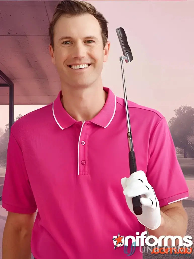 Man in NBCF Pink Polo holding golf club, stylish men’s pink short casual wear