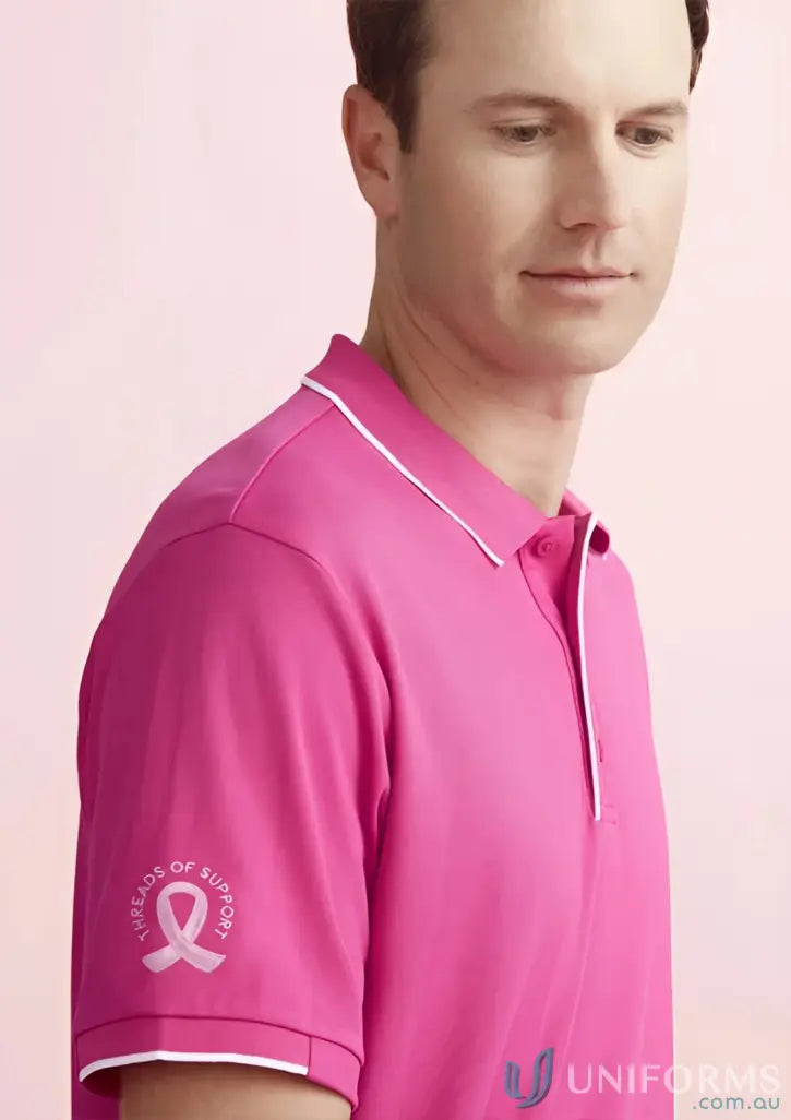 NBCF Pink Polo men’s pink short with white trim perfect for bizcare men’s pink style