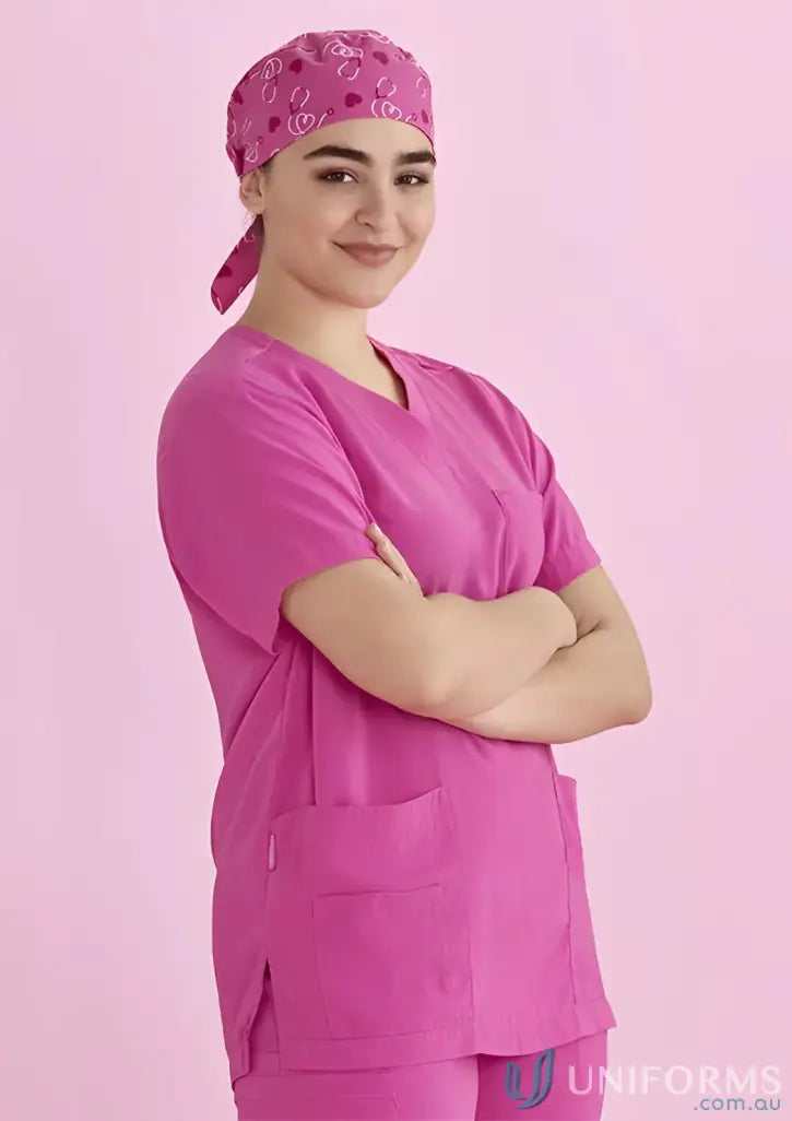 Pink medical scrubs with matching cap from NBCF Pink Printed Scrub Cap - printed scrub cap-csc246u and biz unisex pink