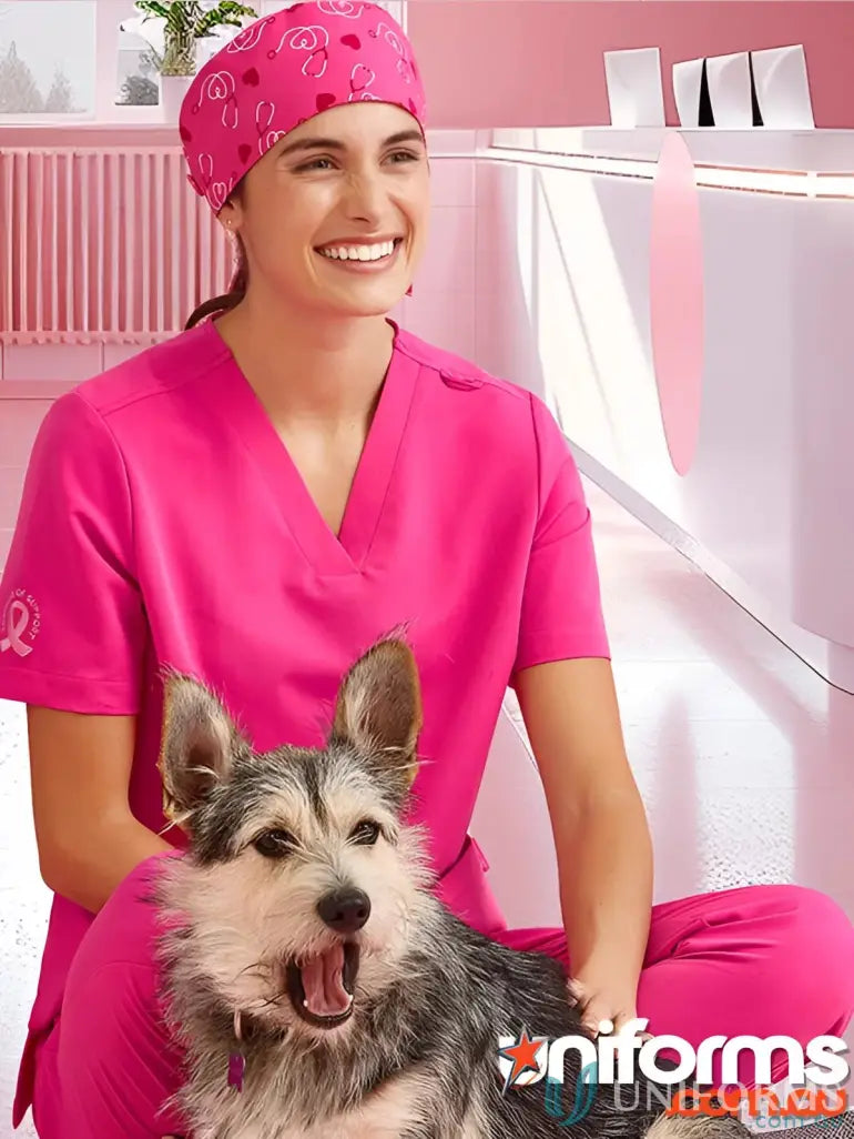 NBCF Pink Printed Scrub Cap with matching pink cap for biz unisex pink style