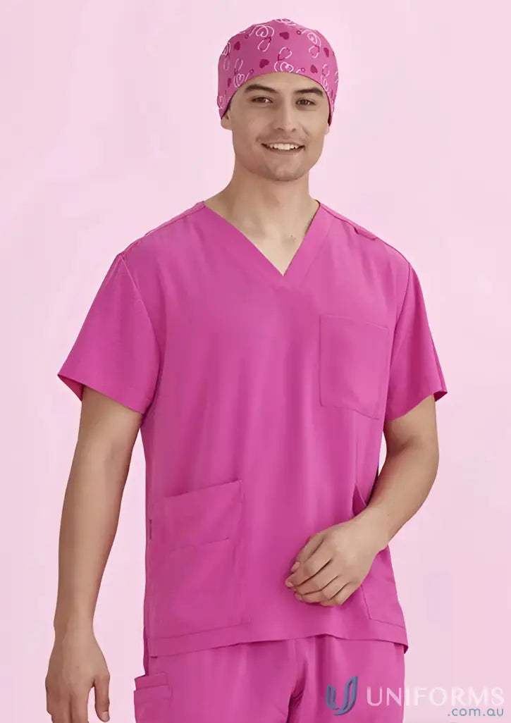 Pink scrub suit with matching cap from NBCF Pink Printed Scrub Cap- CSC246U, biz unisex pink