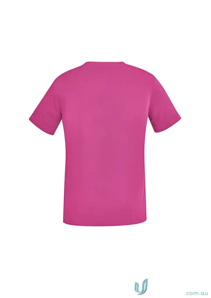 Fuchsia short-sleeved t-shirt styled as NBCF Unisex Pink V-Neck Scrub Top for comfort