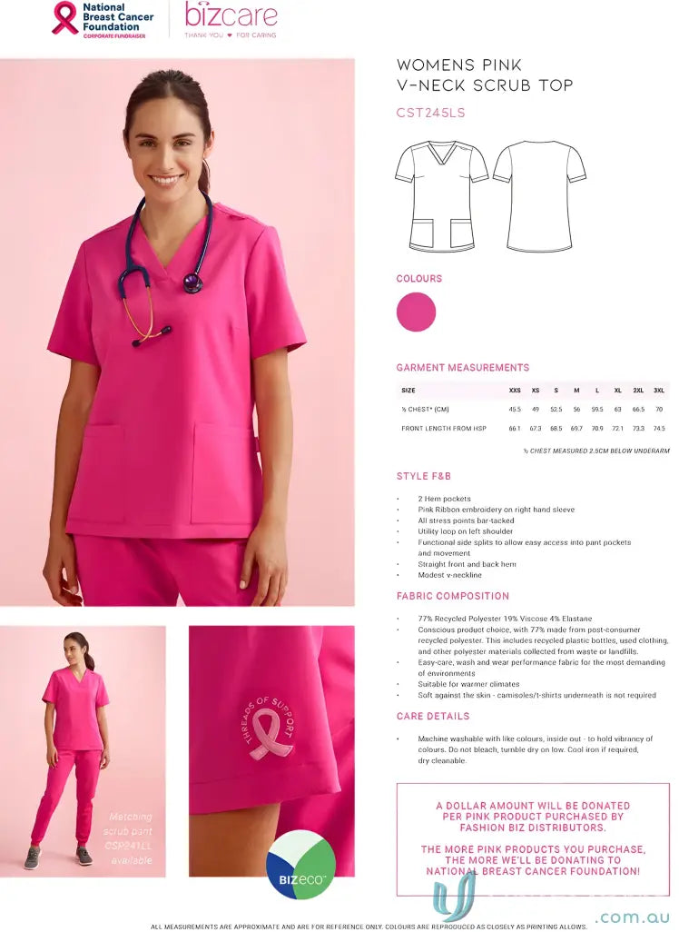 NBCF Womens Pink V-Neck Scrub Top showing bizcare women’s pink work confidently style