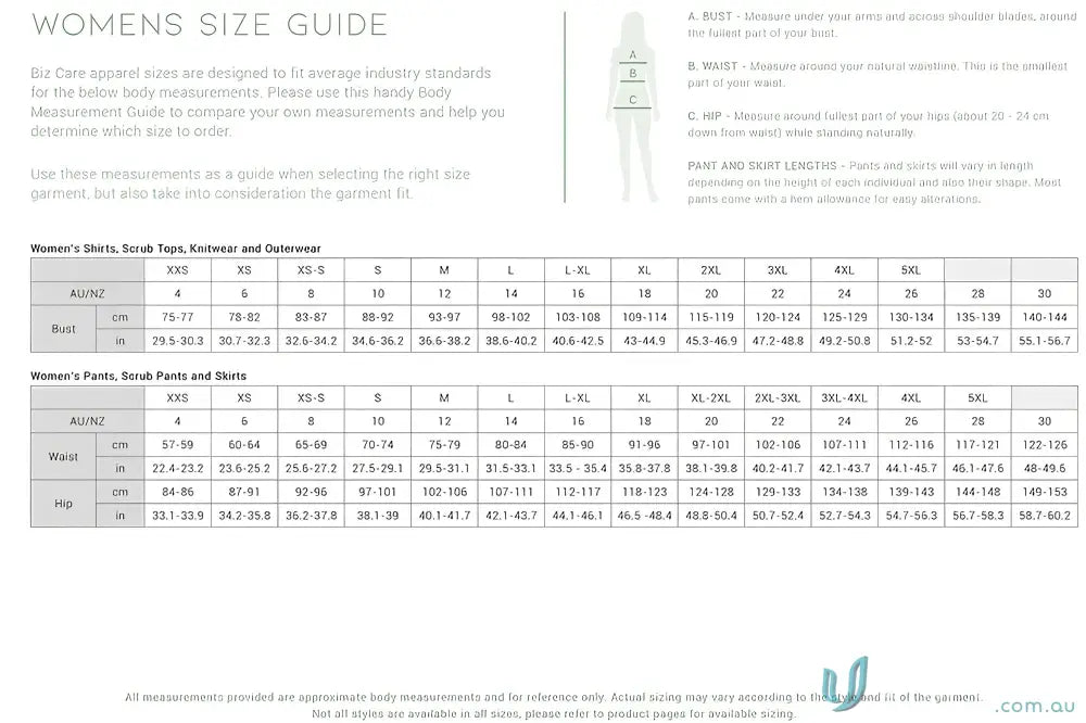 Women’s size guide chart for NBCF Pink V-Neck Scrub Top by BizCare Women’s Pink