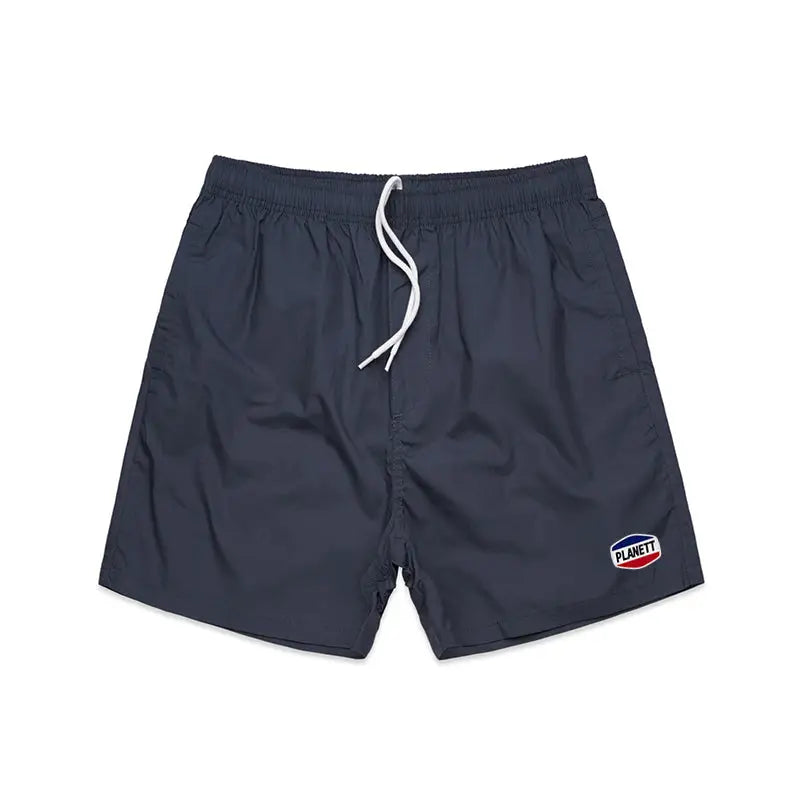 Navy blue Nemesis Beach Shorts with drawstring and planet logo
