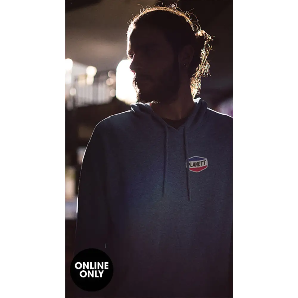 Nemesis Hoodie: Blue with planet logo, red shield, kangaroo pocket heavy fleece