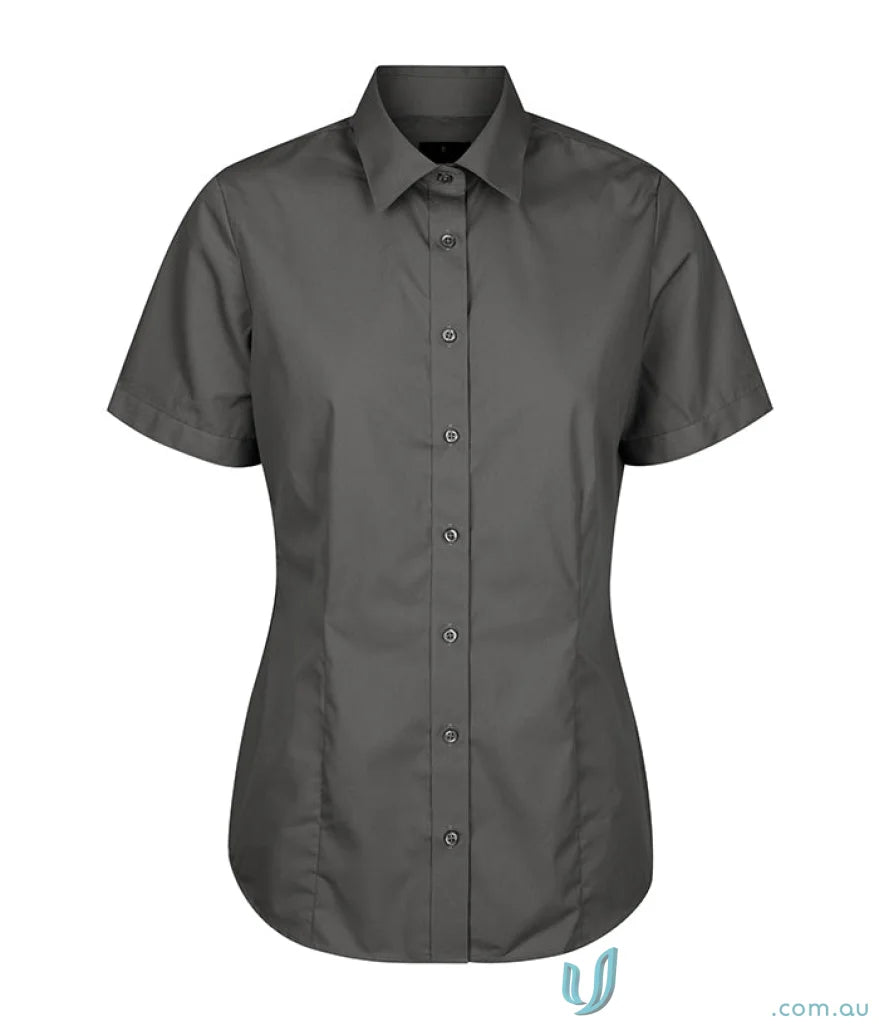 Gray short-sleeved Nicholson Slim Fit Premium Poplin Shirt with easy iron finish
