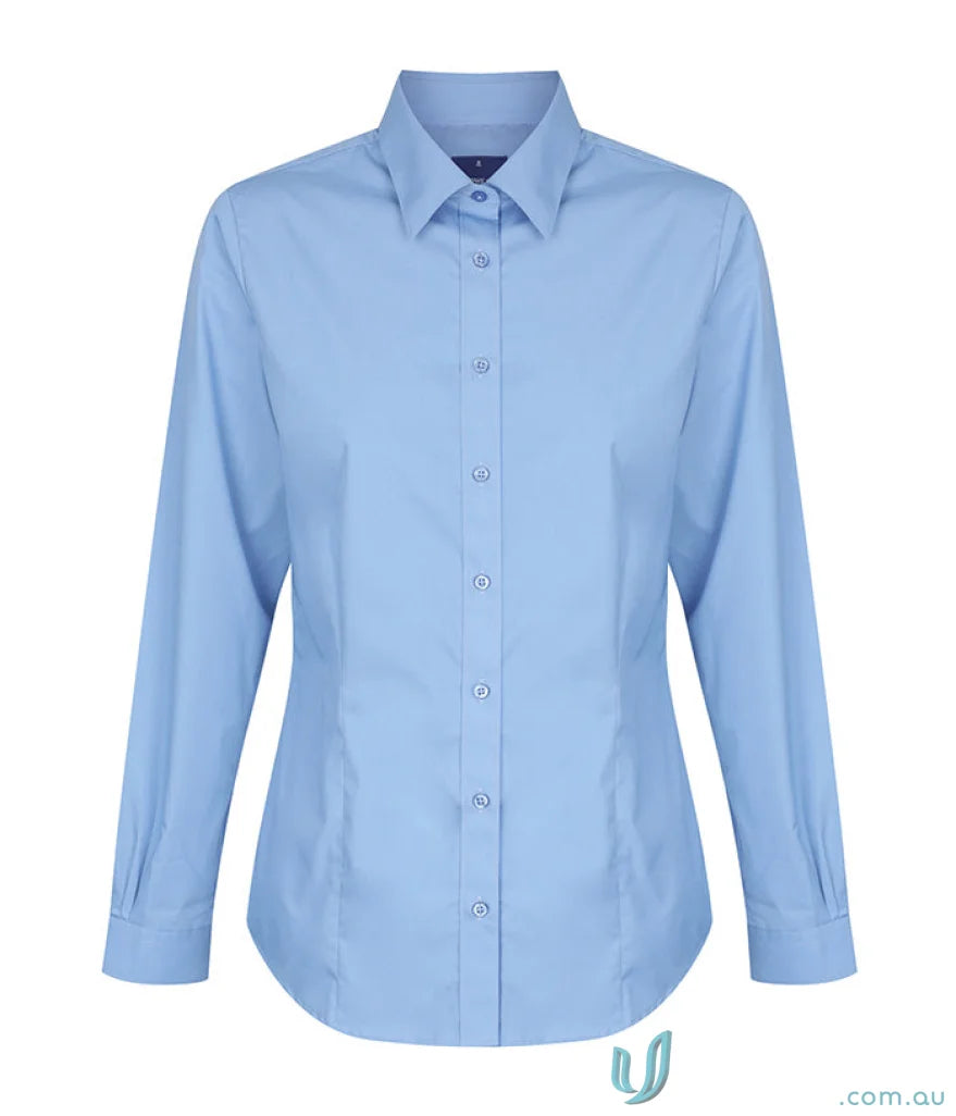 Light blue Nicholson slim fit long sleeve premium poplin shirt with easy iron silk protein