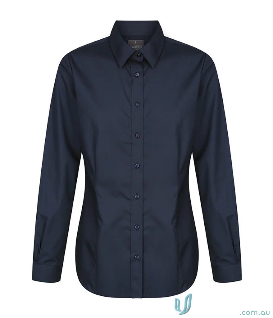 Navy blue Nicholson slim fit long sleeve premium poplin shirt with easy iron silk protein