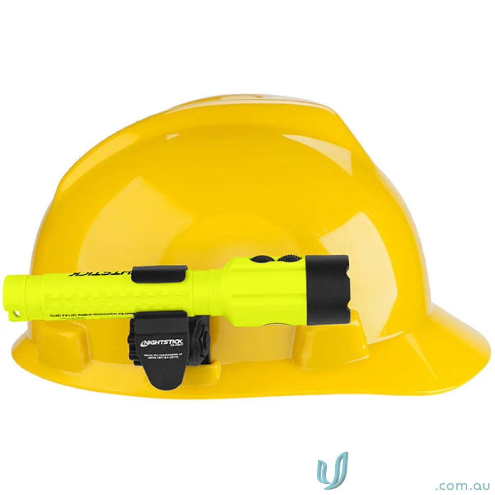 Yellow hard hat with flashlight, reversible pocket clip, multi-angle helmet mount, IP67 water-resistant