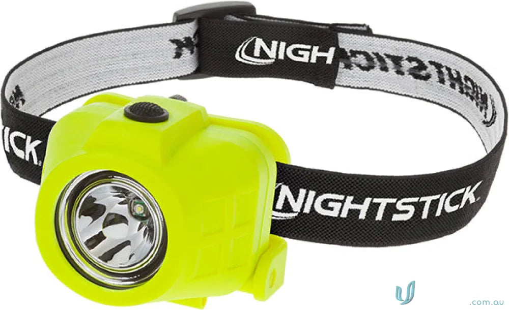 Yellow headlamp with adjustable elastic head strap and heavy-duty rubber, wide beam distance