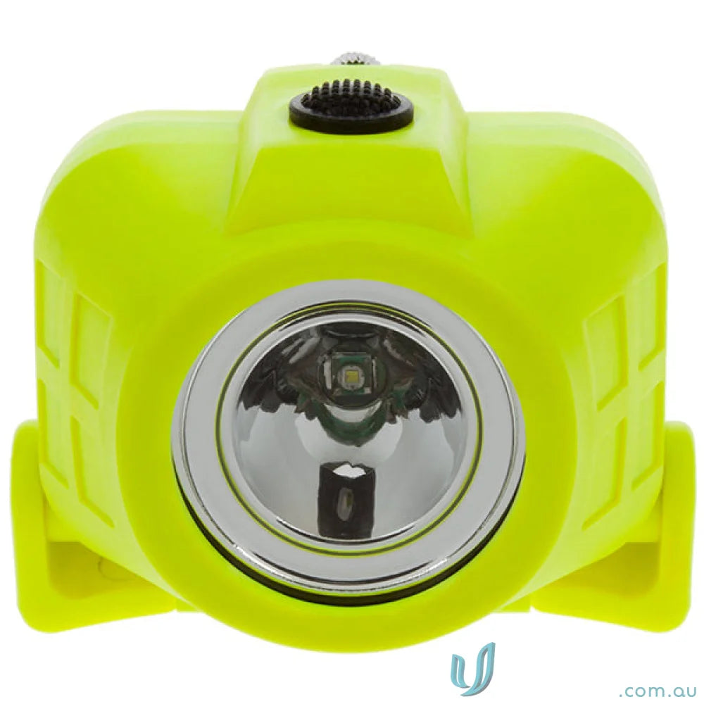 Yellow Headlamp with black switch, elastic head strap, heavy-duty rubber, great beam distance