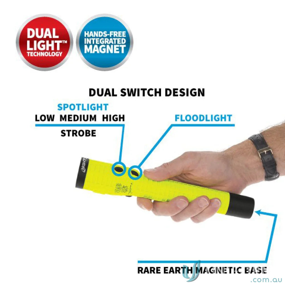 Yellow dual-switch flashlight with close-up illumination, listed intrinsically safe and IECEx rated