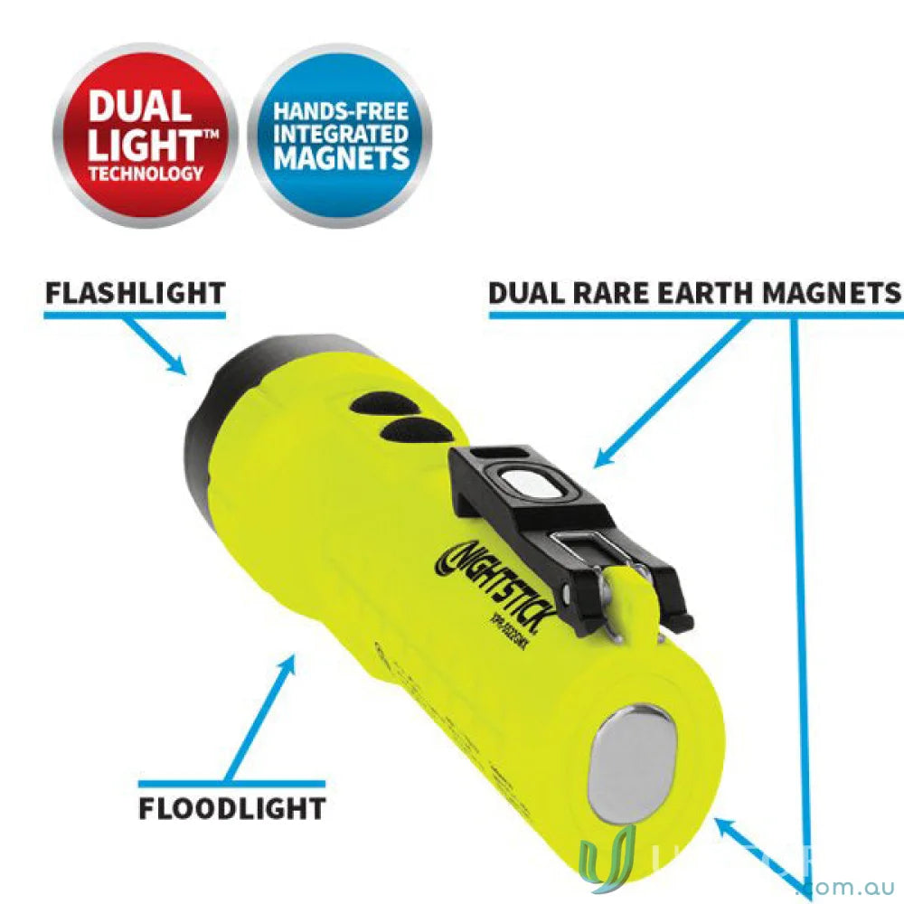 Yellow flashlight with dual body switches, high-efficiency deep parabolic reflector, magnets