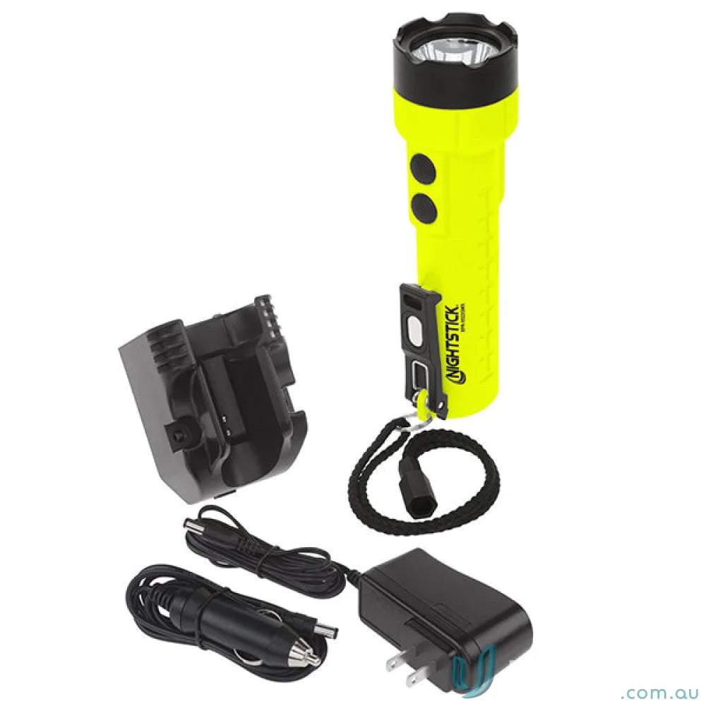 Yellow flashlight with charging accessories featuring high-efficiency deep parabolic reflector and dual body switches