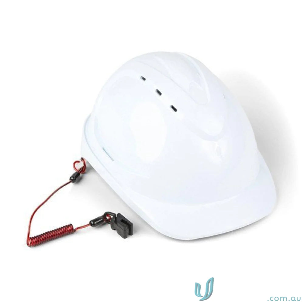 White hard hat with red lanyard showcasing a non-conductive coil hard hat tether