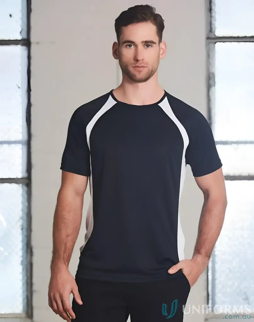 Men’s navy blue and white ultra-light mesh Noosa Performance Tee for active wear
