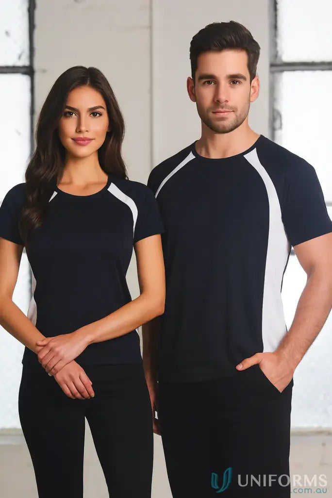 Two people wearing matching Noosa Performance Tee and ultra-light mesh athletic gear