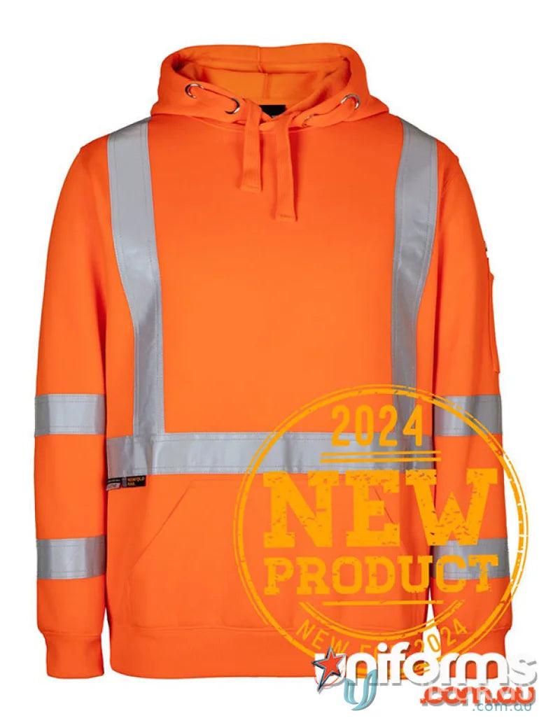 Orange NSW QLD Rail hoodie with reflective tape and hood for visibility