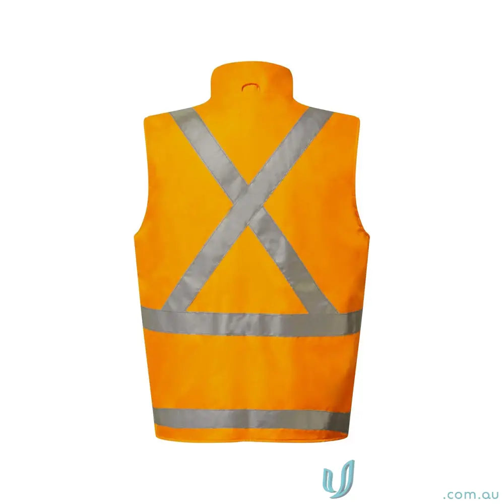 Orange reversible fleece vest for NSW rail workers with reflective stripes on back