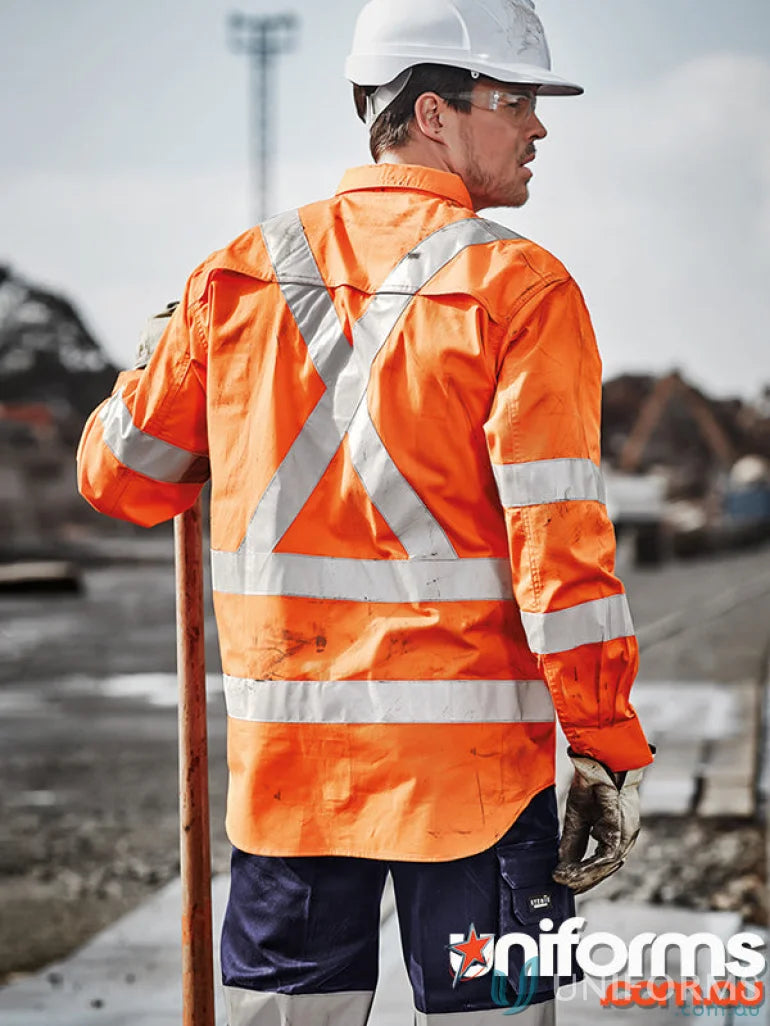 Orange NSW Rail HiVis BioMotion X Back LS Shirt with taped long sleeve and bio motion tape