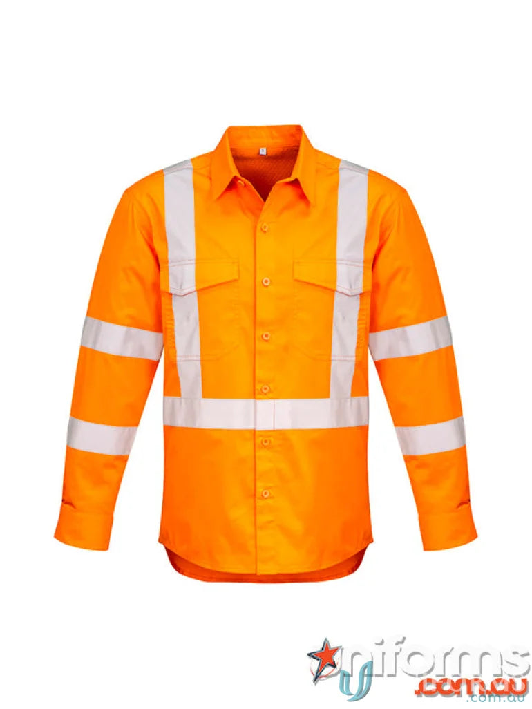 Orange high-vis NSW Rail BioMotion X Back LS Shirt with taped long sleeve and bio motion tape