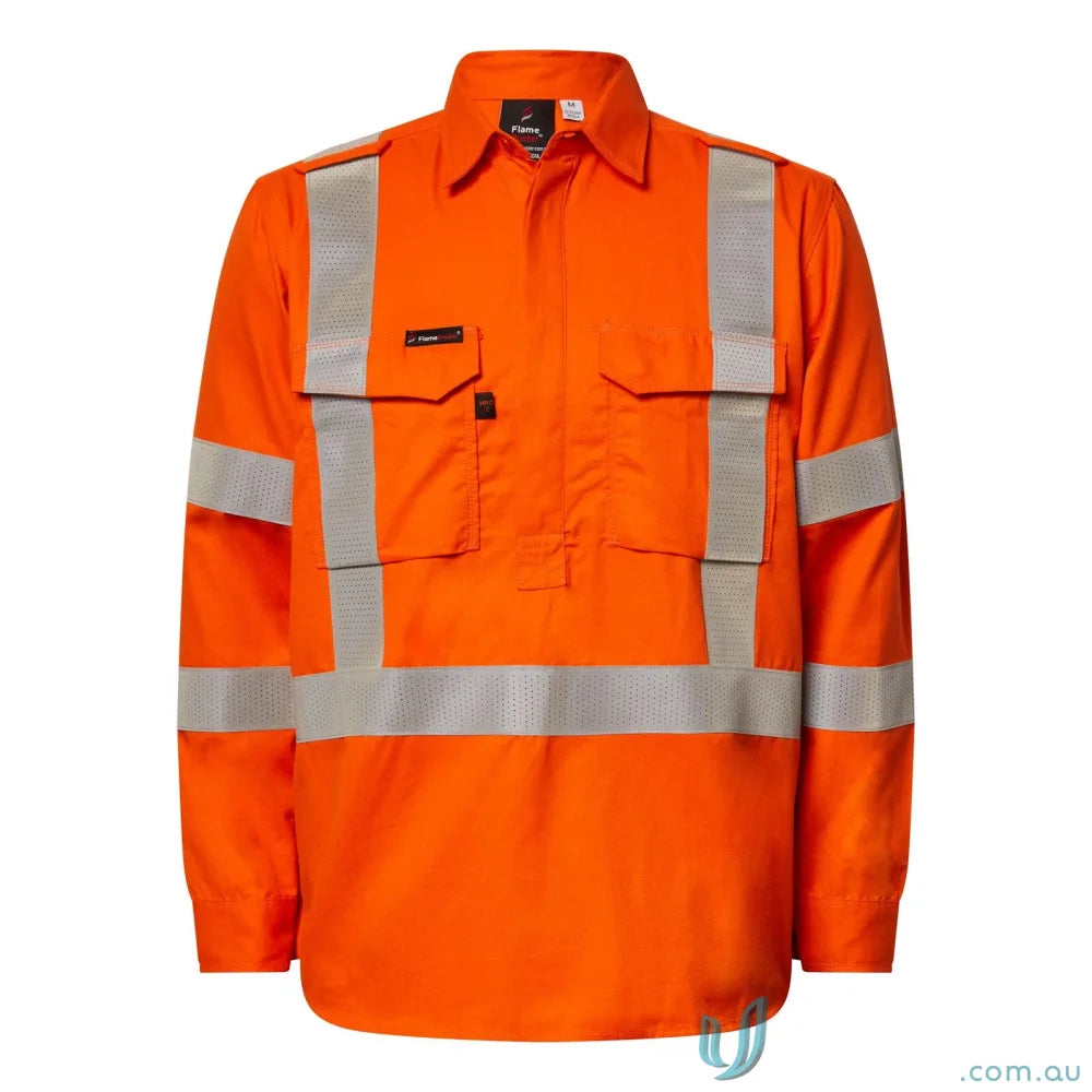 Orange long-sleeved NSW RAIL Hi-Vis work shirt with perforated reflective tape and twin needle stitching