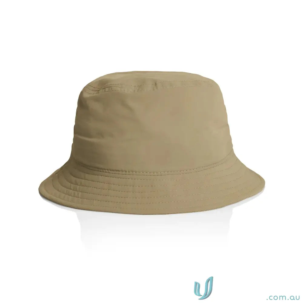 Beige nylon bucket hat with stitched brim, lightweight quick-dry recycled nylon design
