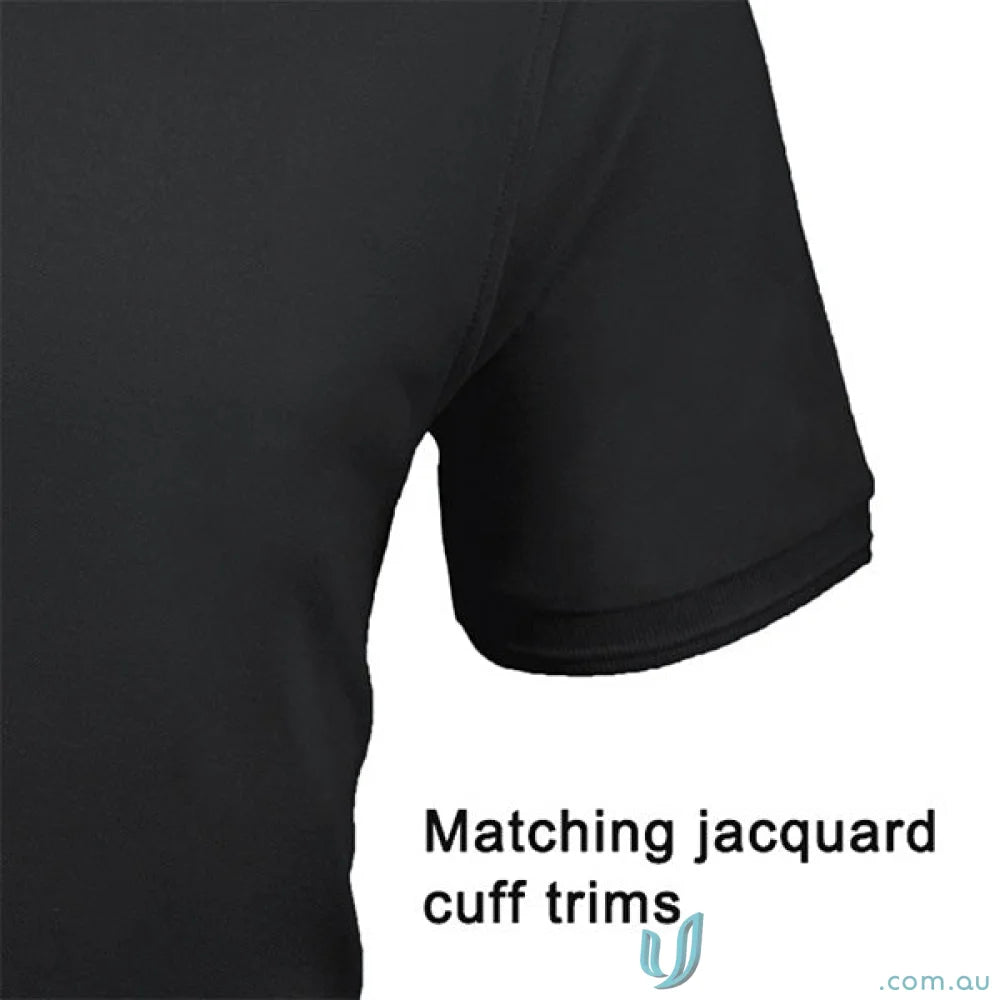 Oceanic Polo black short-sleeved shirt with matching jacquard cuff trims, perfect for workwear or uniforms