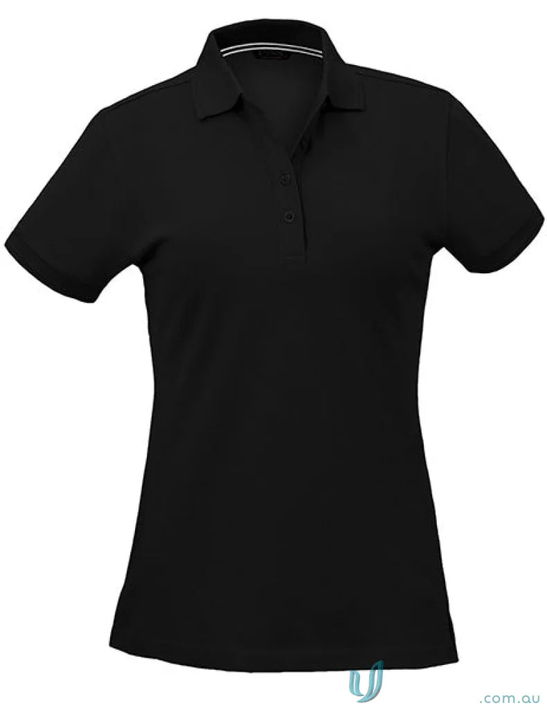 Black women’s Oceanic Polo shirt with collar, white stripes, ideal for uniforms or workwear