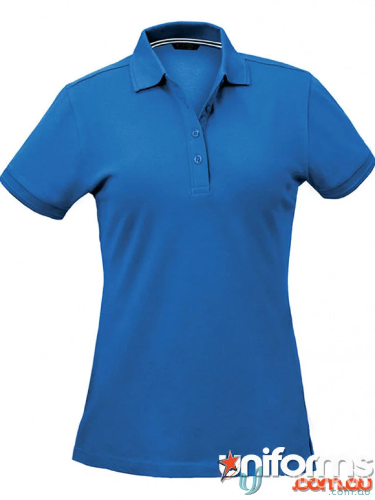 Bright blue Oceanic Polo shirt with white striped collar, perfect for uniforms or workwear