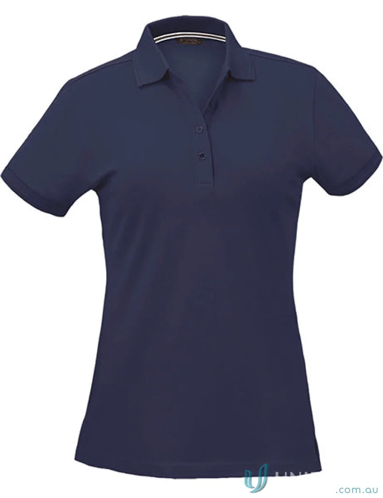Women’s navy blue Oceanic Polo with striped collar, perfect for uniforms or workwear