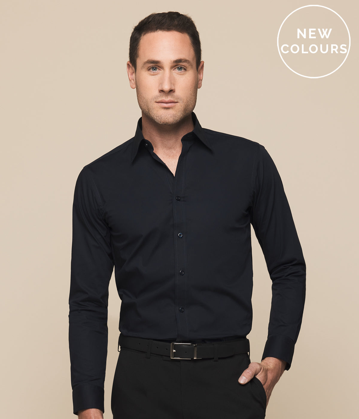 Olsen cotton stretch slim fit black long-sleeved dress shirt