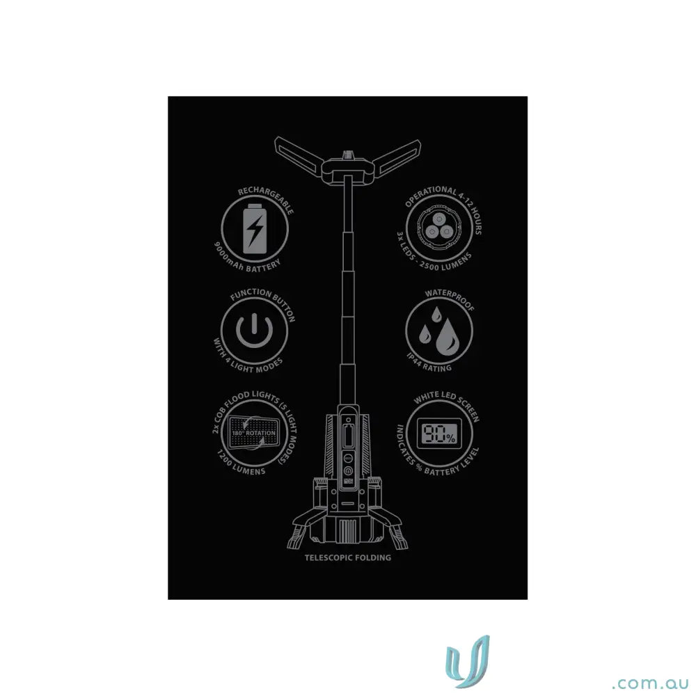 OptiBeam COB LED search light torch in black steel grey with waterproof, rechargeable foldable design