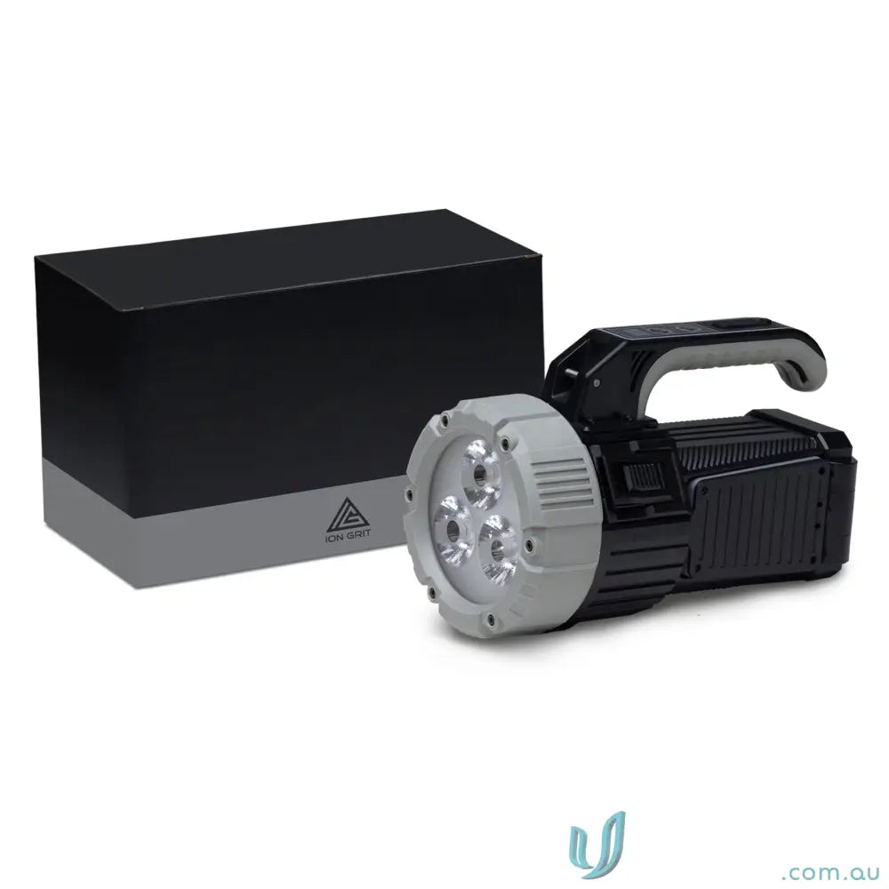 OptiBeam COB LED Search Light Torch in black steel grey with carry handle and box