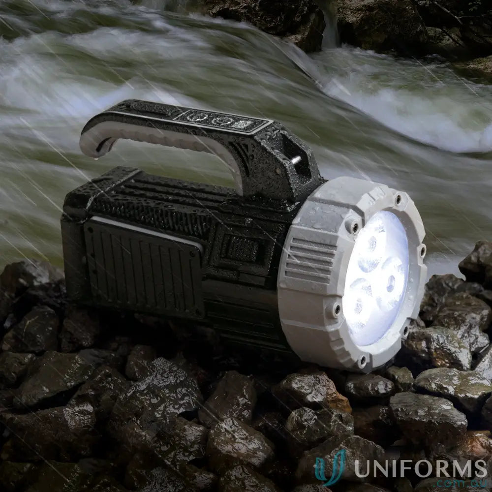 OptiBeam COB LED search light torch in black steel grey with sturdy handle and branding options