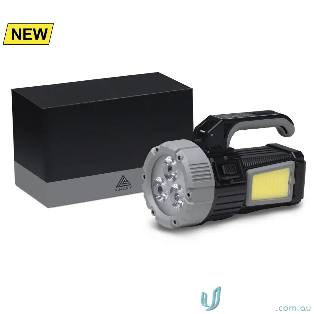 Black steel grey OptiBeam COB LED search light torch with multi-function rechargeability